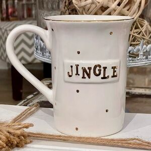 MUDPIE Glossy White Mug Accented w/Metallic Gold Raised “Jingle”, Dots, & Rim
